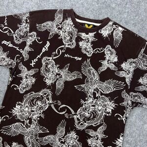 VTG Avirex Shirt Mens 2XL Brown All Over Print Dragon Eagle Tee 90s‎ Hip Hop Y2K
